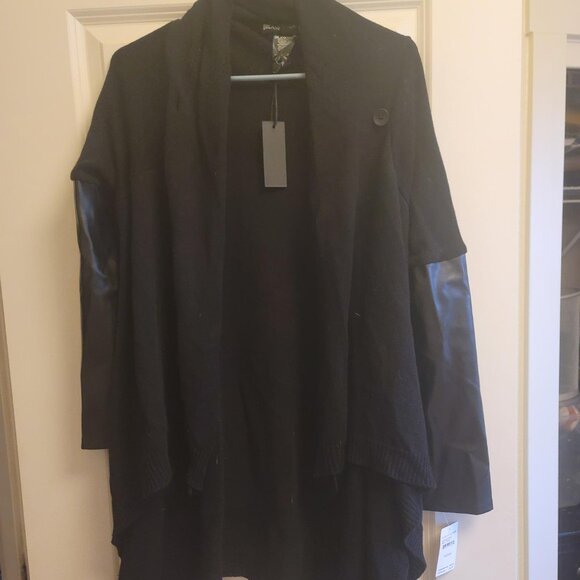 Blank NYC Knit & Faux Leather Asymmetrical Cowl Neck Cardigan in Black - M - NWT - Picture 1 of 6
